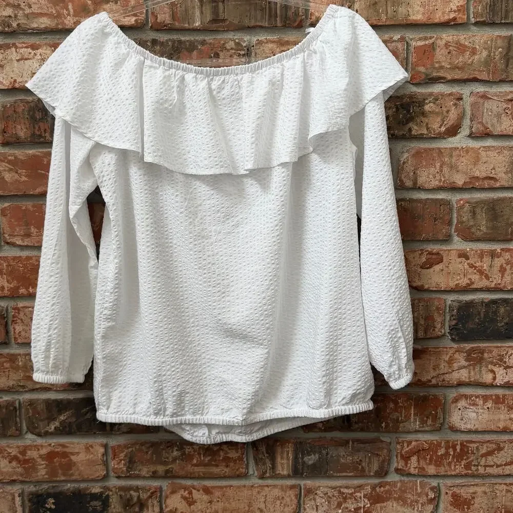 Michael Michael Kors White Seersucker Off Shoulder White Top Size Large Coastal